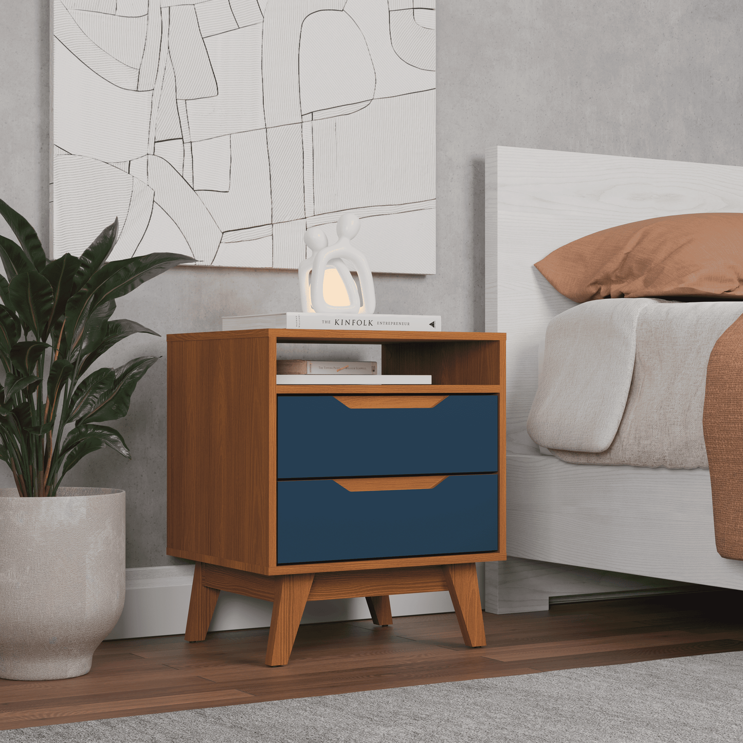 Kappesberg Paris 2-Drawer Nightstand with Open Shelf and Built-in Handles - Golden Oak/Blue - for Adults and Teens