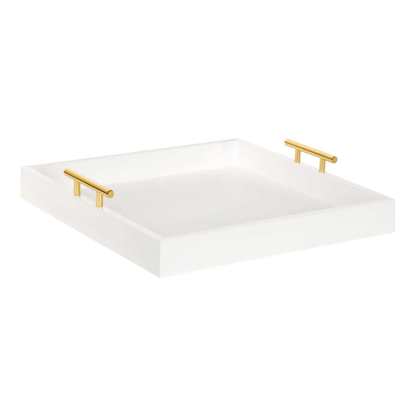 Kate and Laurel Lipton Square Decorative Wood Tray With Metal Handles, 16" x 16", White And Gold, Modern Serving Tray For Storage Or Display