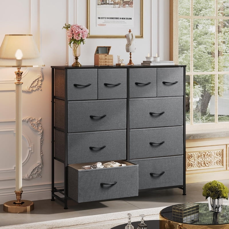 Kelno 10 Drawers Fabric Cabinet Metal Frame Wide Wood Top Tall Storage Tower TV Stand Clothes Organizer for Bedroom Living Room,Grey