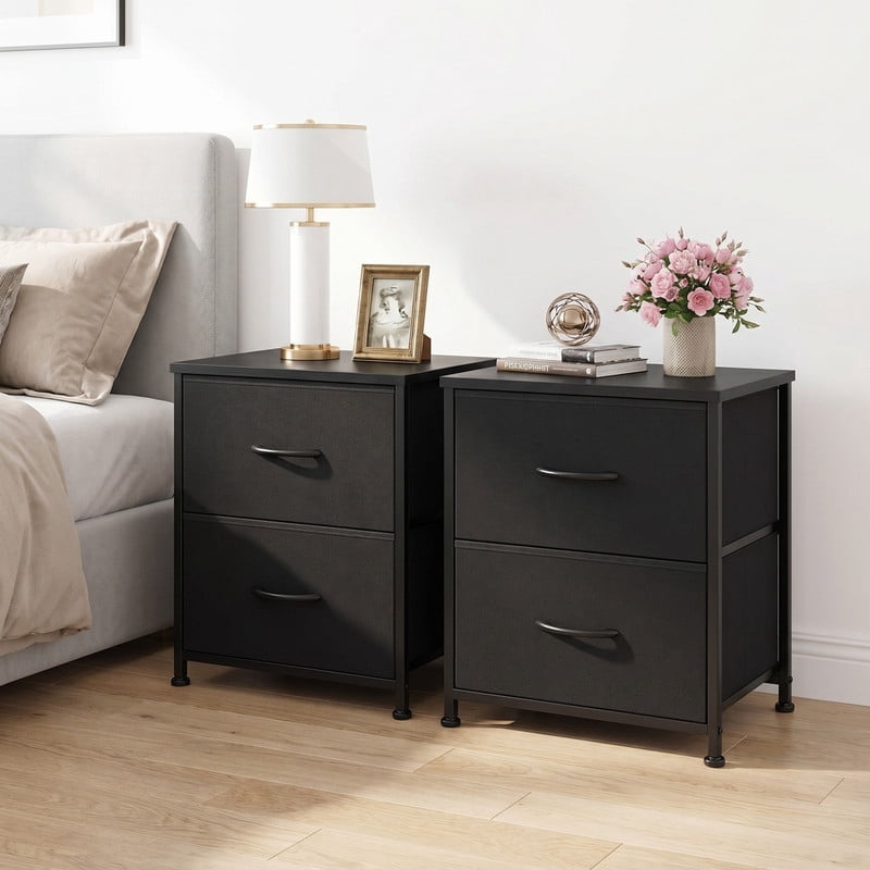 Kelno 2PCS Nightstand 2-Drawer Fabric Storage Dresser Small Bedside Table Wood Top, Black