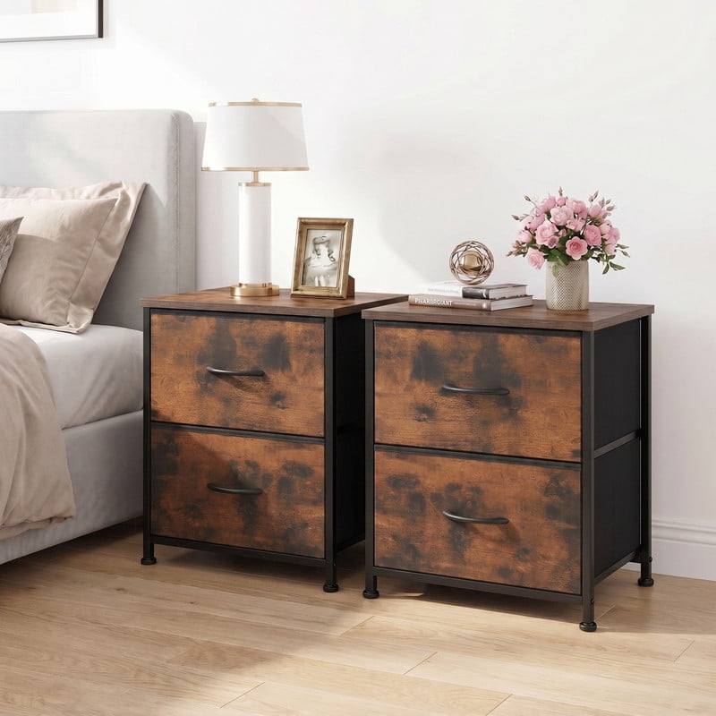 Kelno 2PCS Nightstand 2-Drawer Fabric Storage Dresser Small Bedside Table Wood Top, Rustic Brown