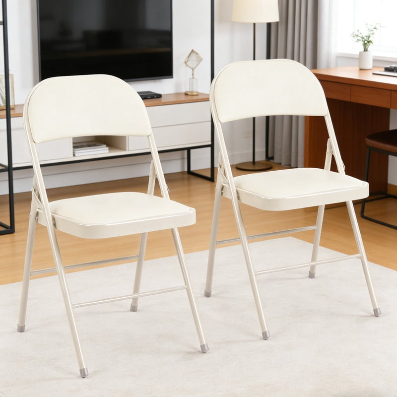 Kelno 2 Pack Folding Chair Leather Padded Seat Portable Chair, Khaki