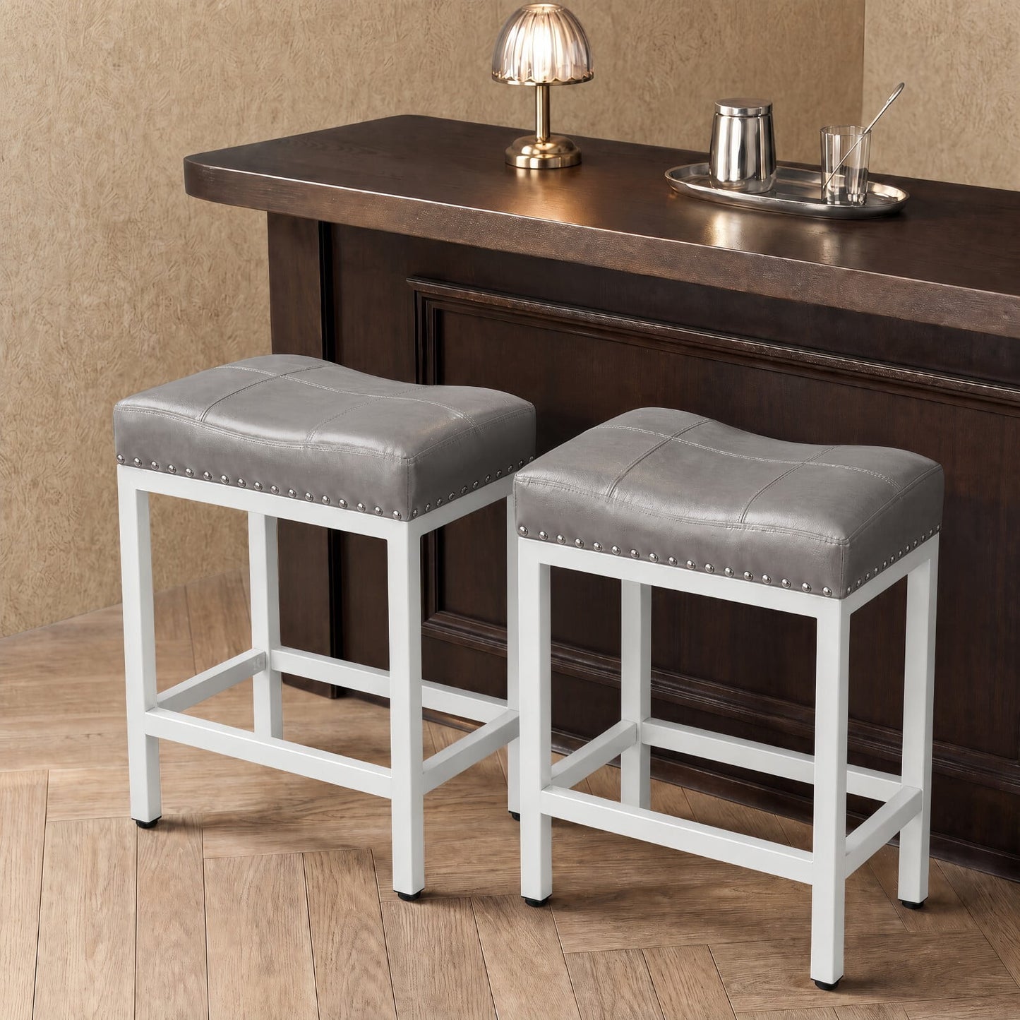 Kelno 24 Inch Saddle Bar Stool Set of 2 PU Leather Counter Stools with Steel Frame and Footrest, Gray