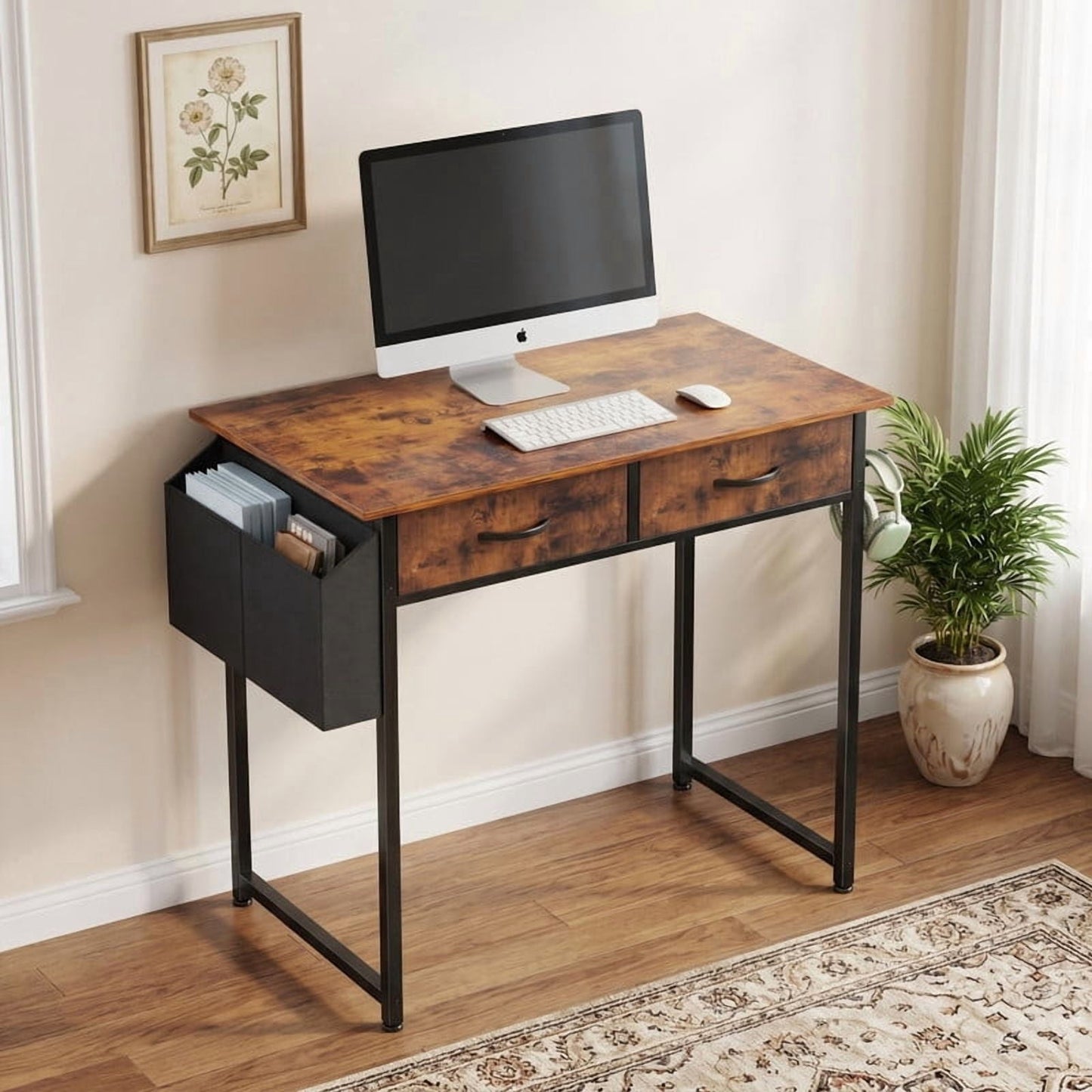 Kelno 32 Inch Small Desk Computer Desk with 2 Fabric Drawer Storage Bag Iron Hook Gaming Writing Table, Rustic Brown