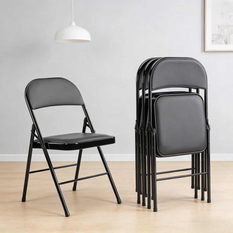 Kelno 4 Pack Folding Chair Leather Padded Seat Portable Chair, Black