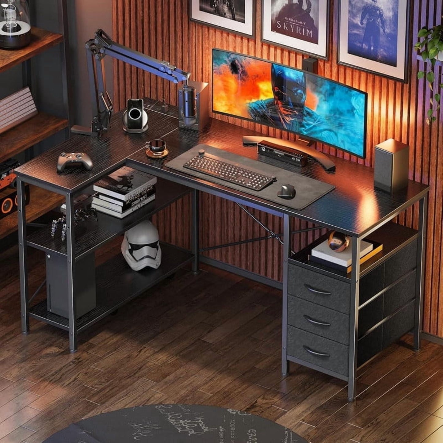 Kelno 47 Inch L Shaped Computer Desk with Power Outlets Adjustable Shelf 3 Fabric Drawer,Black
