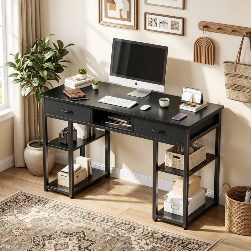 Kelno 48 Inch Computer Desk with 2 Fabric Drawer Storage Shelf Gaming Writing Table, Black