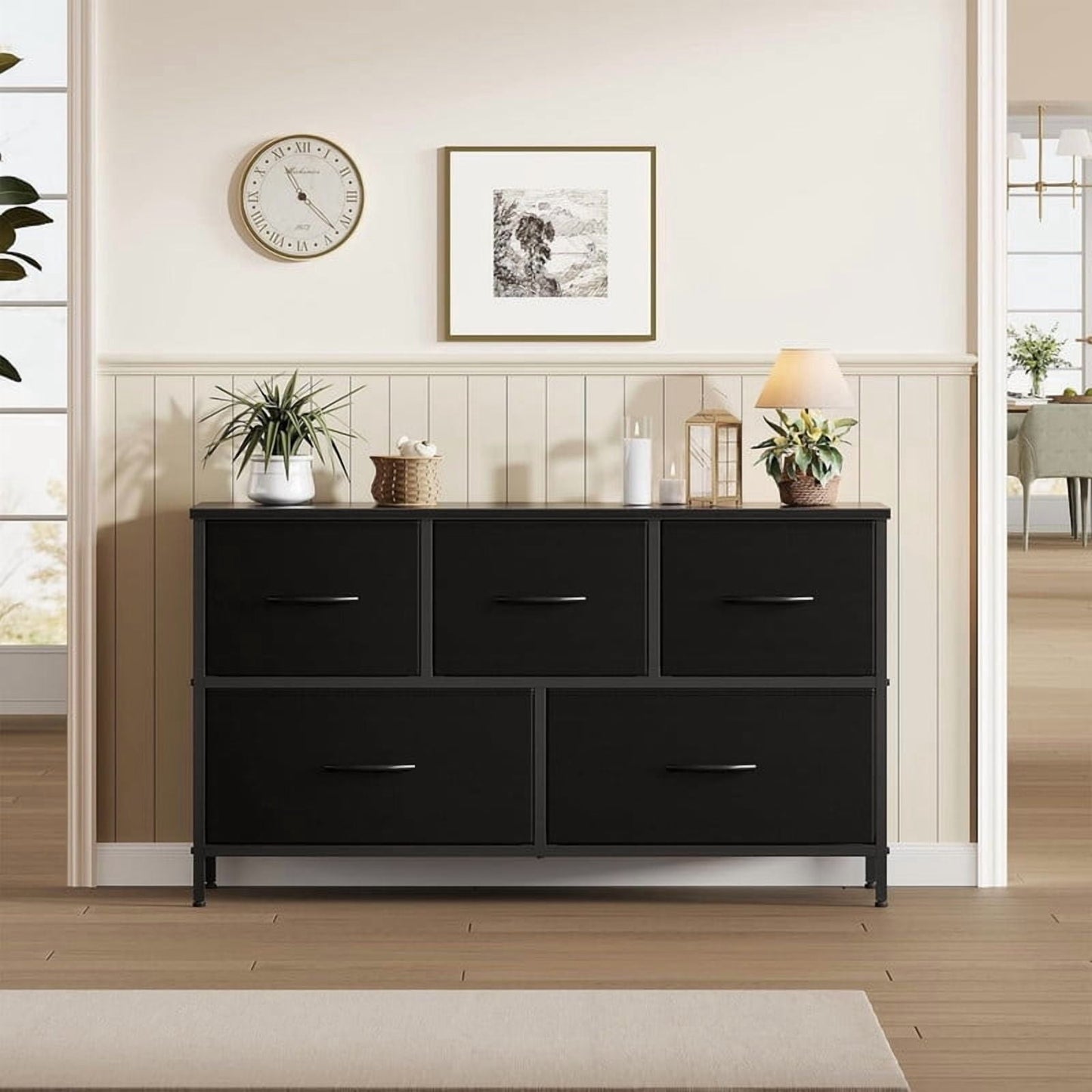 Kelno 5 Drawer Dresser Fabric Chest of Drawers Storage Organizer Wood Top Surface for TV, Black