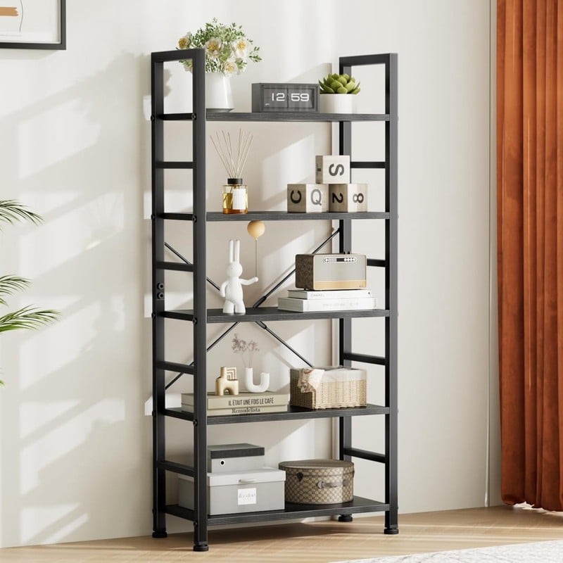 Kelno 5-Tier Bookshelf 62"x24" Industrial Storage Shelf Free Standing Bookcase Metal Frame Bookcase with Open Storage Shelves,Black