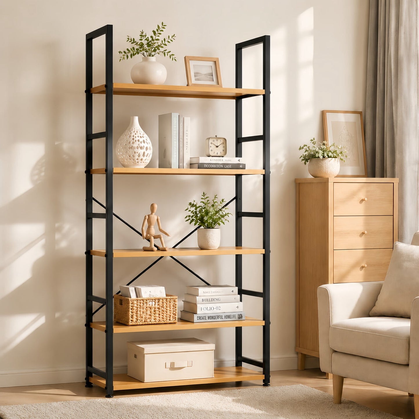 Kelno 5-Tier Bookshelf 62"x24" Industrial Storage Shelf Free Standing Bookcase Metal Frame Bookcase with Open Storage Shelves, Oak