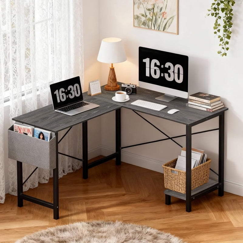Kelno 50 Inch L Shaped Computer Desk Corner Desk with CPU Stand Side Storge Bag Study Writing Table, Grey