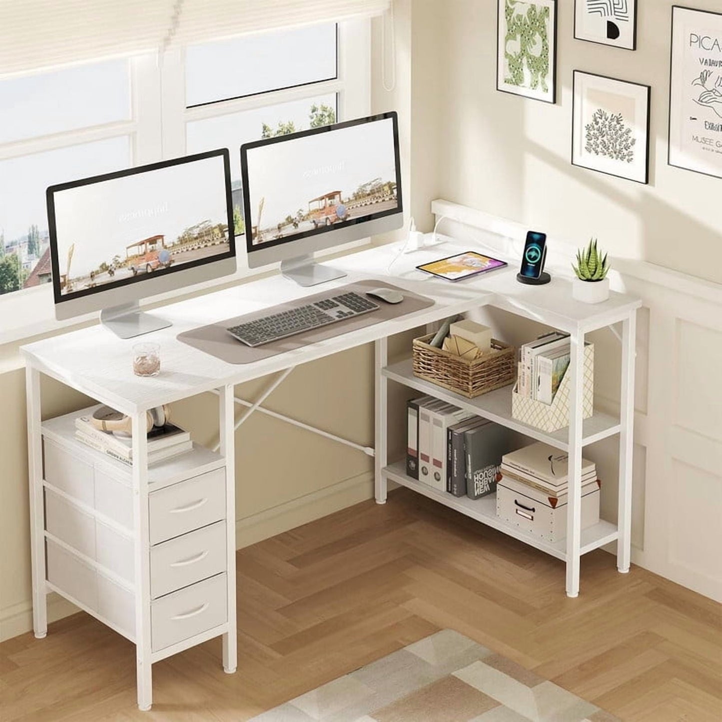 Kelno 55 Inch L Shaped Computer Desk with Power Outlets Adjustable Shelf 3 Fabric Drawer,White