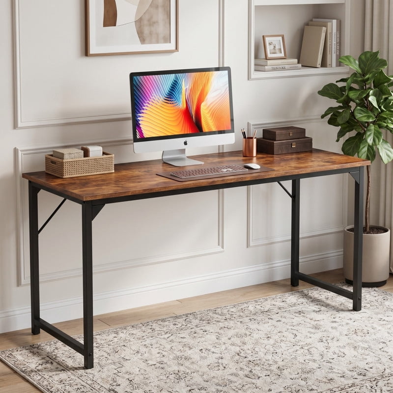 Kelno 63" Computer Desk Gaming Table Home Office Writing Study Workstation with Sturdy Metal Frame, Rustic Brown