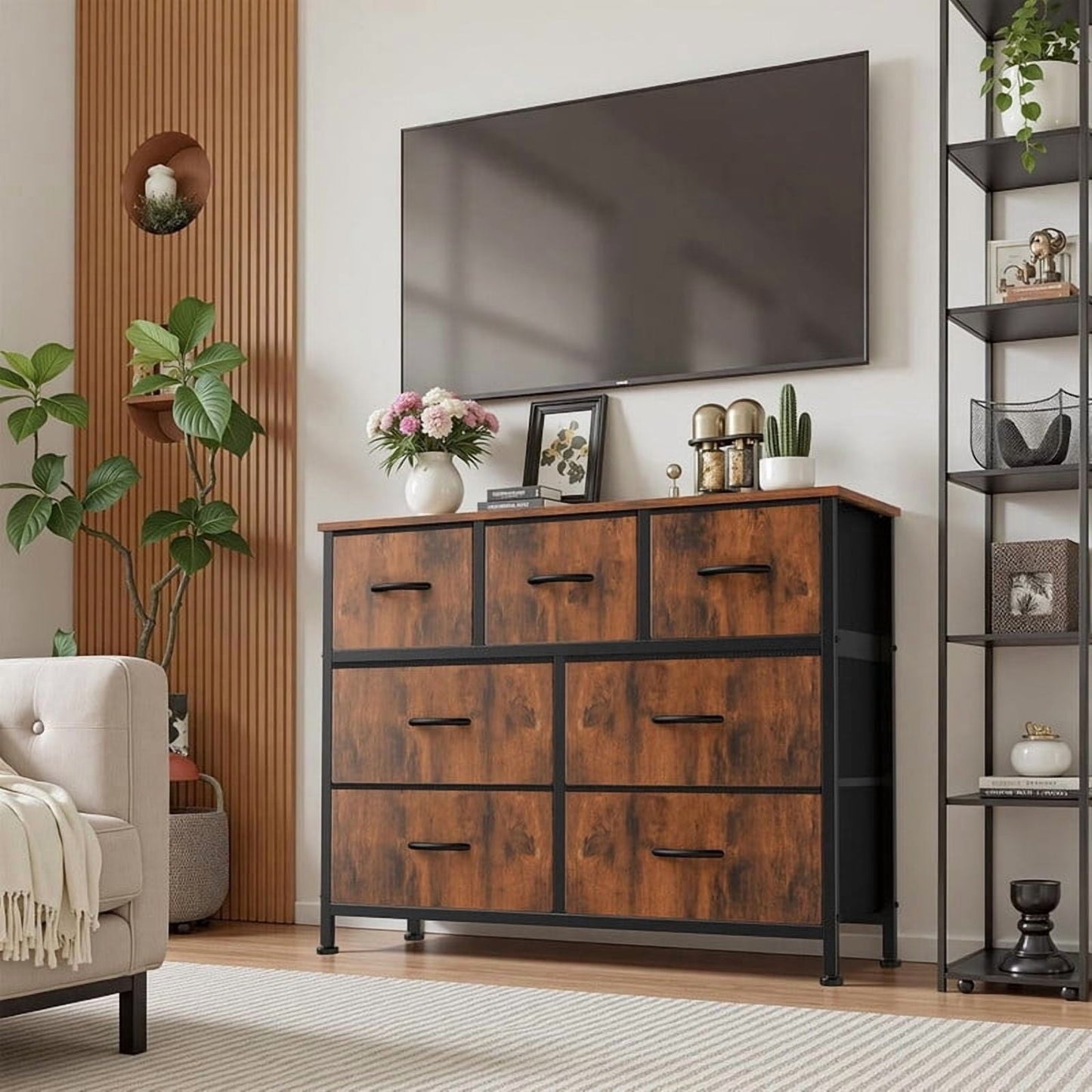 Kelno 7 Drawer Dresser Fabric Chest of Drawers Storage Organizer Wood Top Surface for TV, Rustic Brown