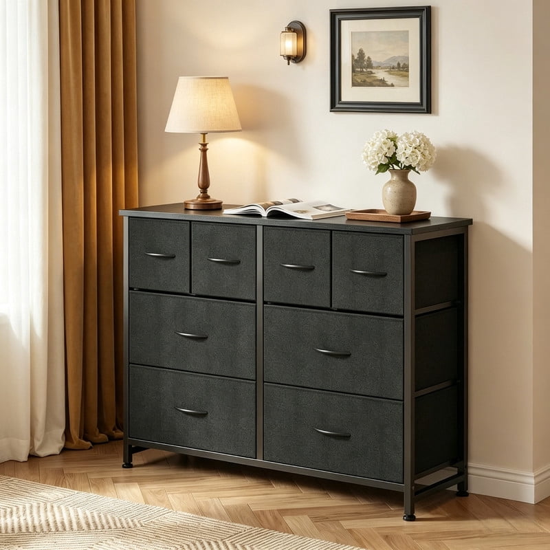 Kelno 8 Drawers Fabric Cabinet Metal Frame Wide Wood Top Storage Tower TV Stand Clothes Organizer for Bedroom Living Room,Black