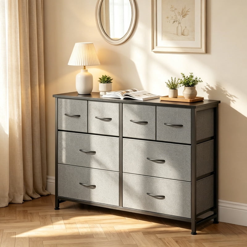 Kelno 8 Drawers Fabric Cabinet Metal Frame Wide Wood Top Storage Tower TV Stand Clothes Organizer for Bedroom Living Room,Grey