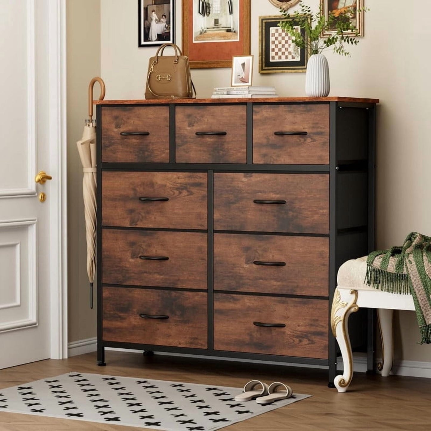 Kelno 9 Drawer Fabric Dresser Tall Storage Chest Drawer Organizer Storage Cabinet, Rustic Brown