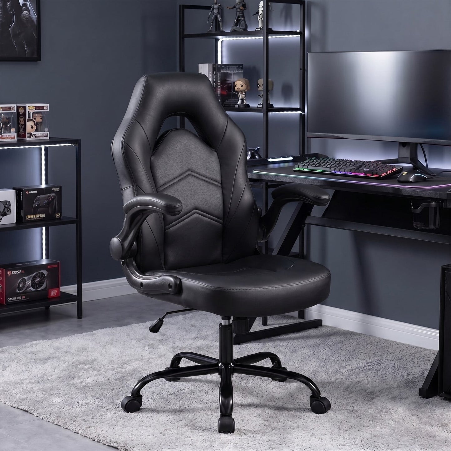 Kelno Ergonomic Gaming Chair PU Leather Computer Desk Chair with Lumbar Support Adjustable Height Flip-Up Armrests Swivel Wheels, Black