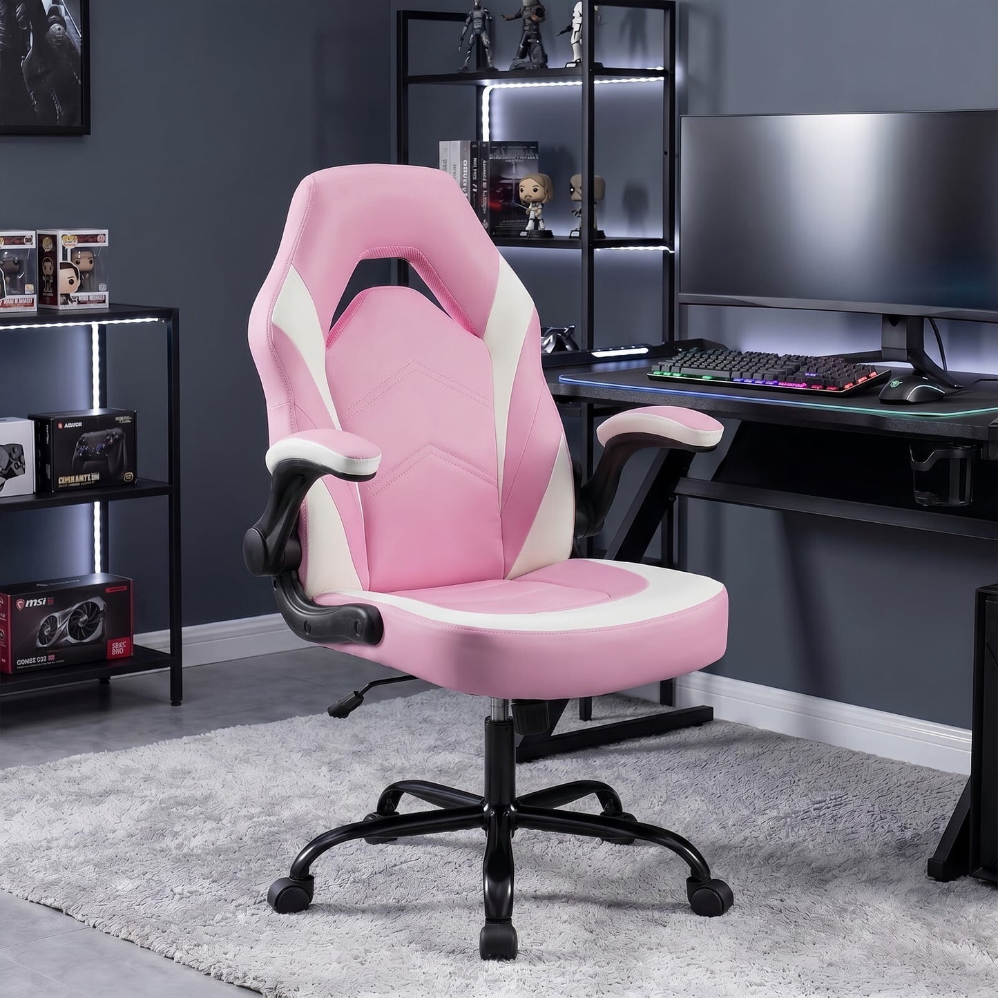Kelno Ergonomic Gaming Chair PU Leather Computer Desk Chair with Lumbar Support Adjustable Height Flip-Up Armrests Swivel Wheels, Pink