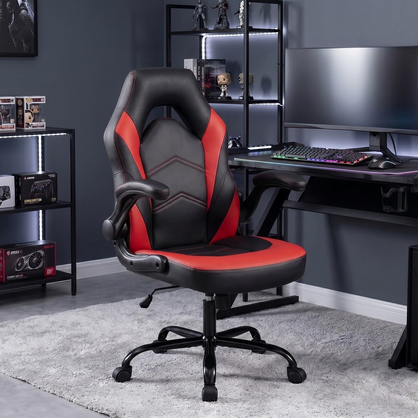 Kelno Ergonomic Gaming Chair PU Leather Computer Desk Chair with Lumbar Support Adjustable Height Flip-Up Armrests Swivel Wheels, Red