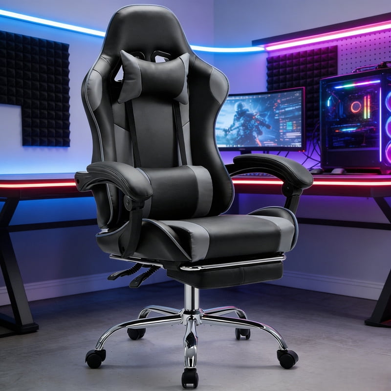 Kelno Ergonomic Gaming Chair with Headrest Pillow Lumbar Support Cushion PU Leather Swivel Recliner, Black Grey
