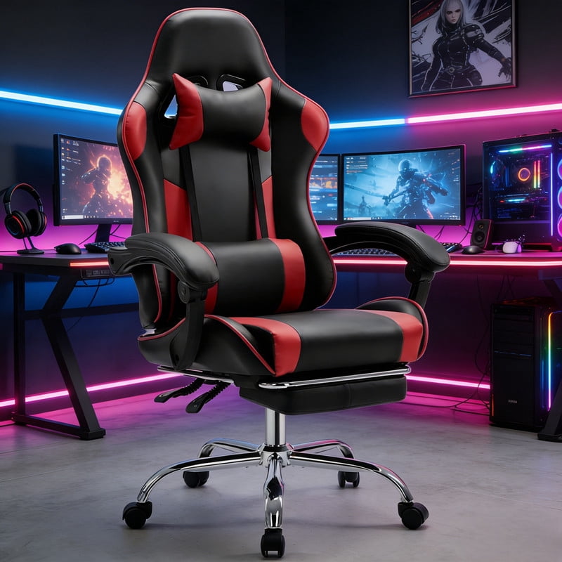 Kelno Ergonomic Gaming Chair with Headrest Pillow Lumbar Support Cushion PU Leather Swivel Recliner, Black Red