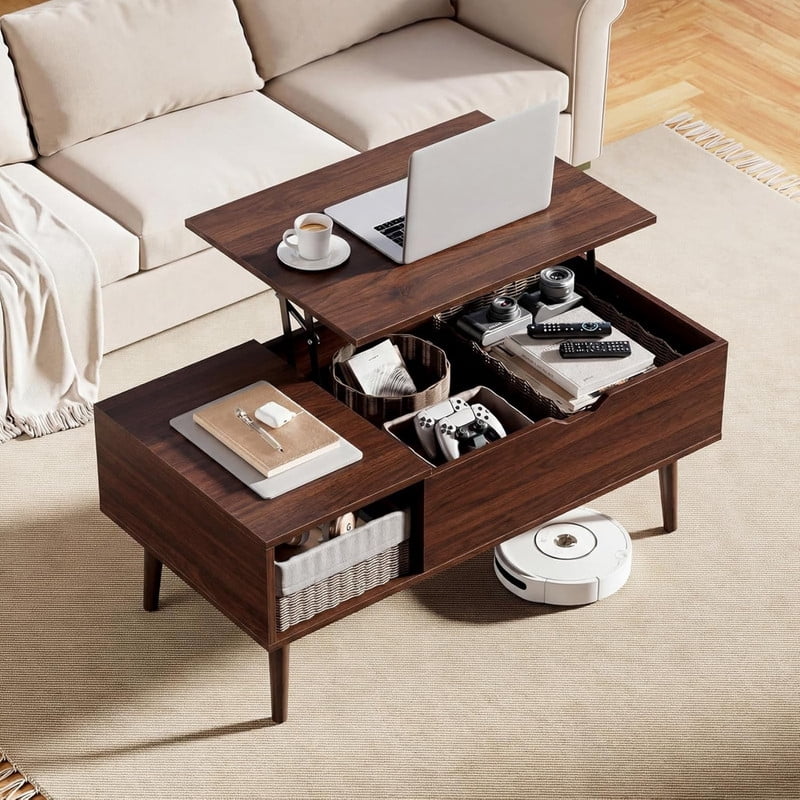 Kelno Lift Top Coffee Table with Hidden Storage Adjustable Height Wood Center Table with Shelf,Dark Brown