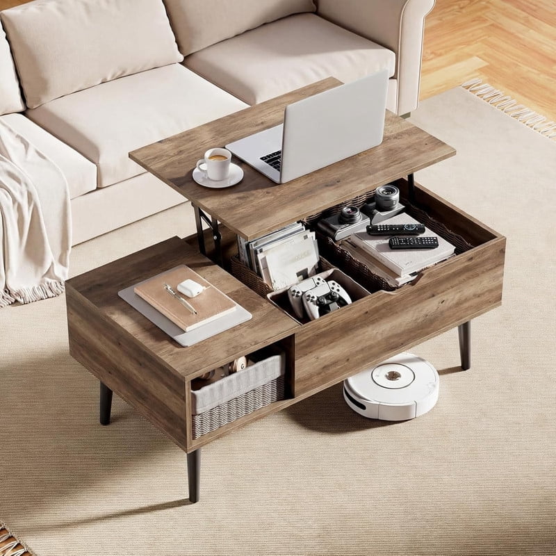 Kelno Lift Top Coffee Table with Hidden Storage Adjustable Height Wood Center Table with Shelf,Black