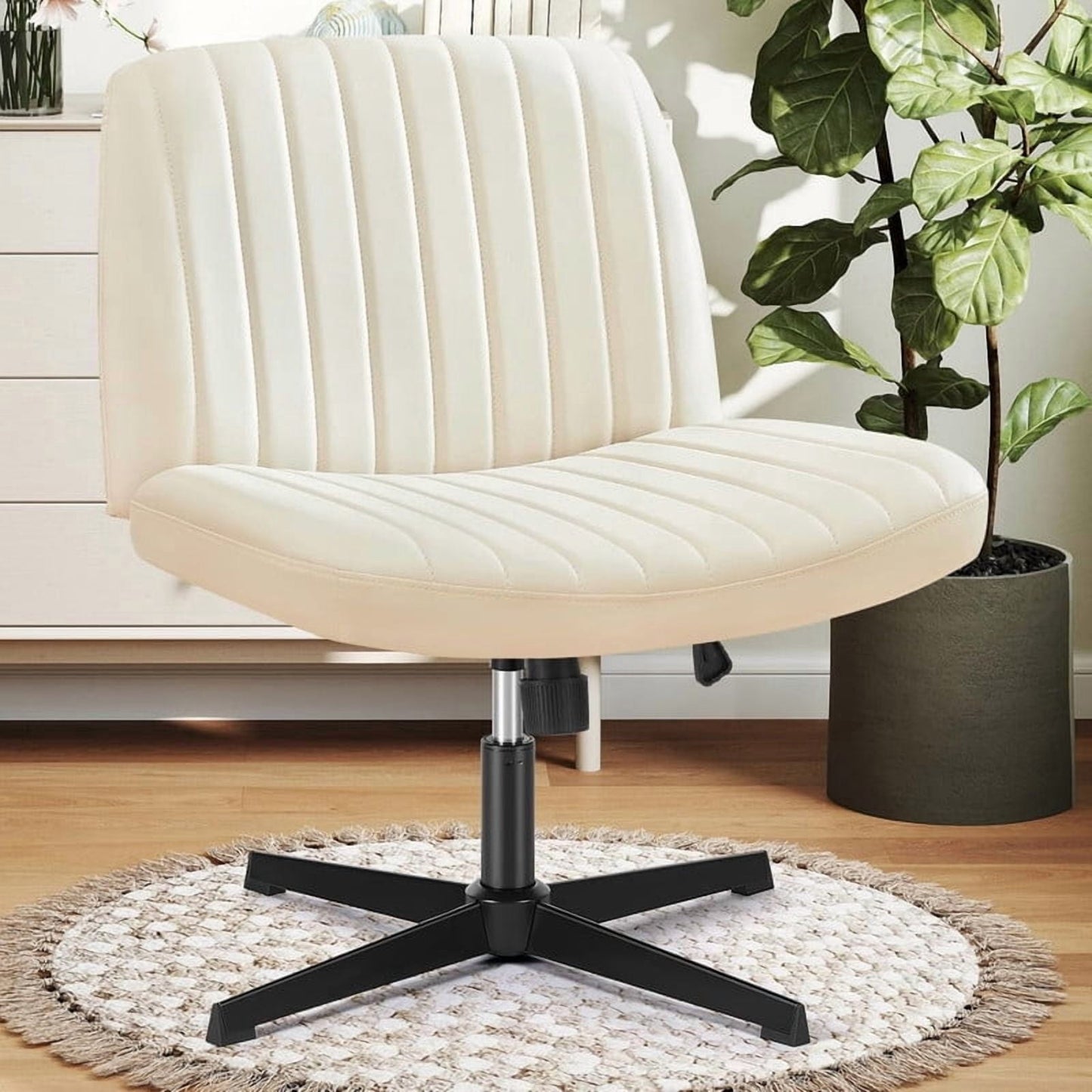 Kelno PU Leather Cross Legged Desk Chair Wide Seat Chair Ergonomic Height Adjustable Swivel Office Vanity Chair, Beige