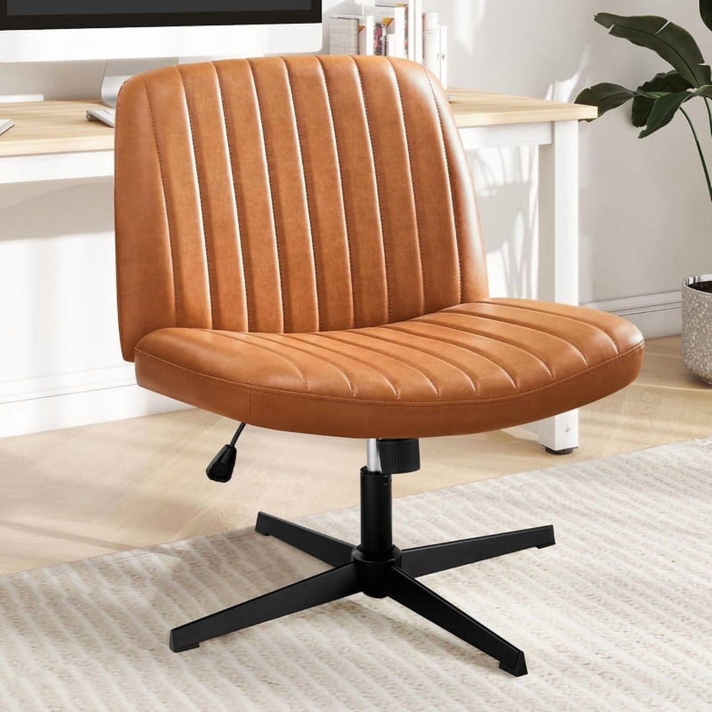 Kelno PU Leather Cross Legged Desk Chair Wide Seat Chair Ergonomic Height Adjustable Swivel Office Vanity Chair, Brown