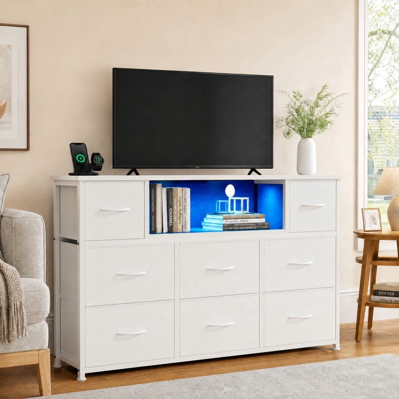 Kelno TV Stand Dresser with 8 Fabric Drawers Open Shelf LED Lights AC USB Charging Station, Rustic Brown