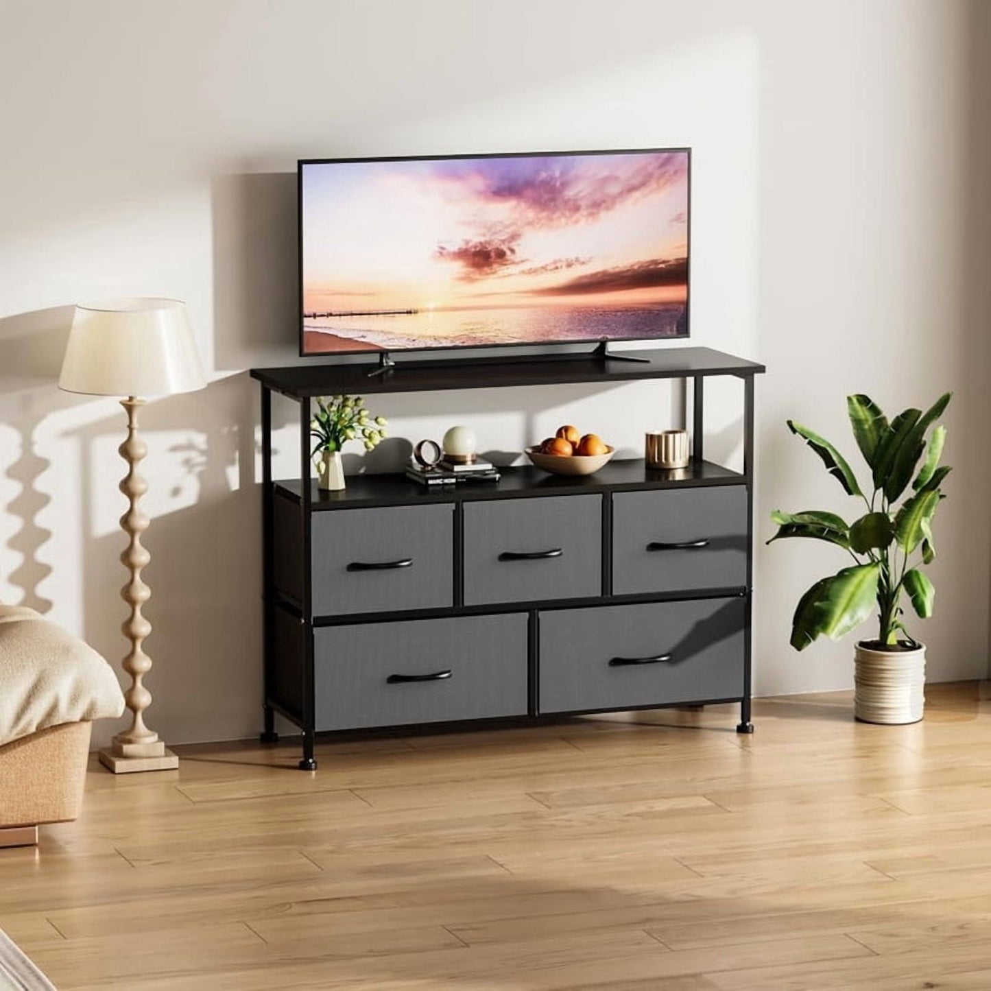 Kelno TV Stand with 5 Fabric Drawer Dresser Chest Storage Organizer, Grey