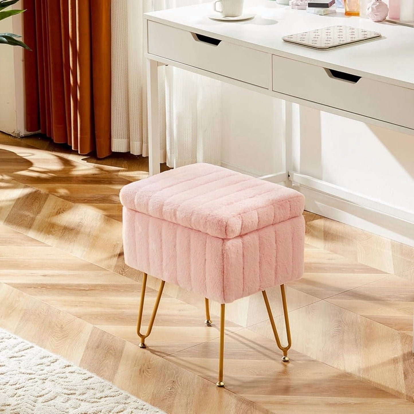 Kelno Vanity Stool Chair Faux Fur Padded Seat Ottoman with Hidden Storage Metal Legs with Anti-Slip Feet,Pink