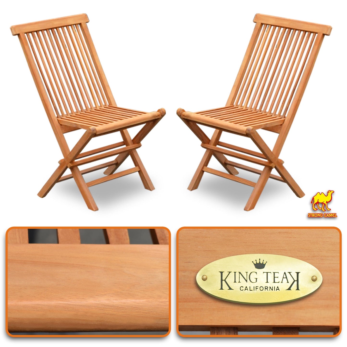 King Teak Silla Plegable de Madera de Teca Dorada, Silla Plegable para Patio Al Aire Libre, JardÃn, 2 Piezas
