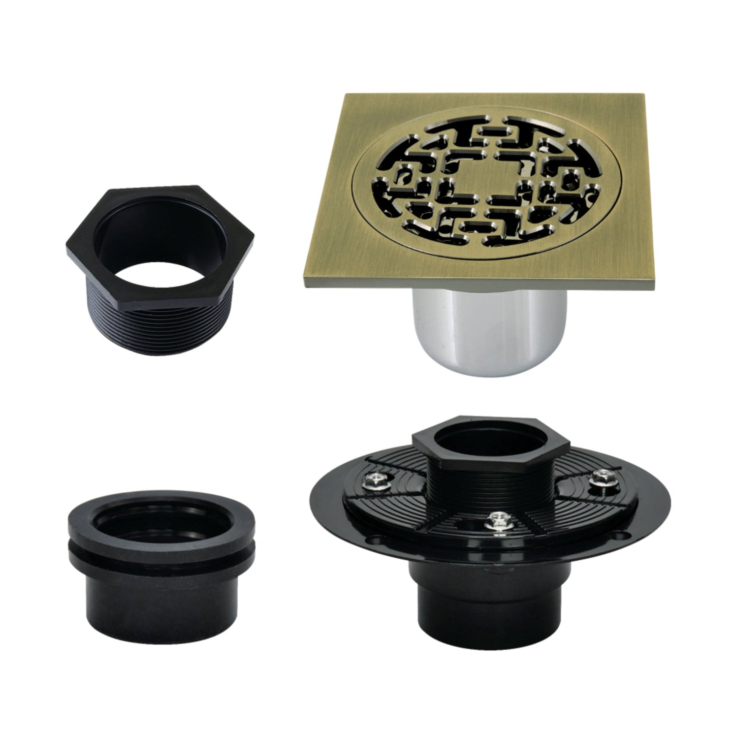 Kingston Brass BSFK4272AB Watercourse 4-Inch Brass Square Grid Shower Drain with Hair Strainer and Base Flange in Antique Brass