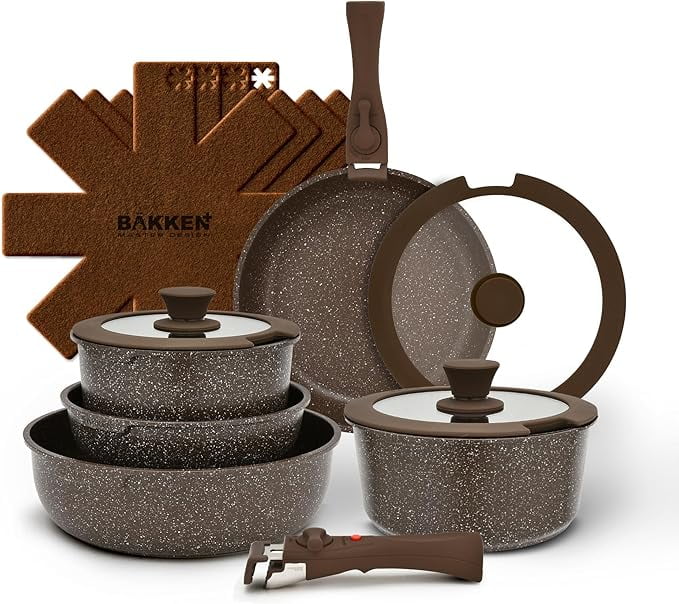 Bakken 15-Piece Non-Stick Cookware Set with Detachable Handles – Granite Stackable Pots and Pans Set, Dishwasher Safe, Oven-Safe, and Compatible Kitchen Essential for All Stoves – Cream