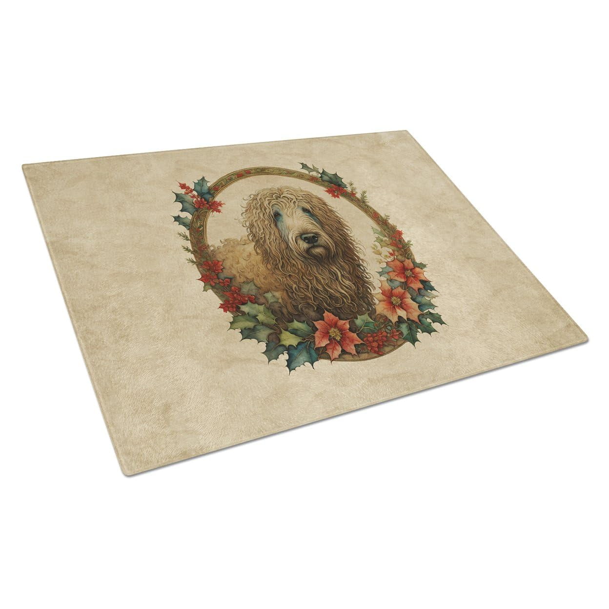 Komondor Christmas Flowers Glass Cutting Board 12 in x 15 in