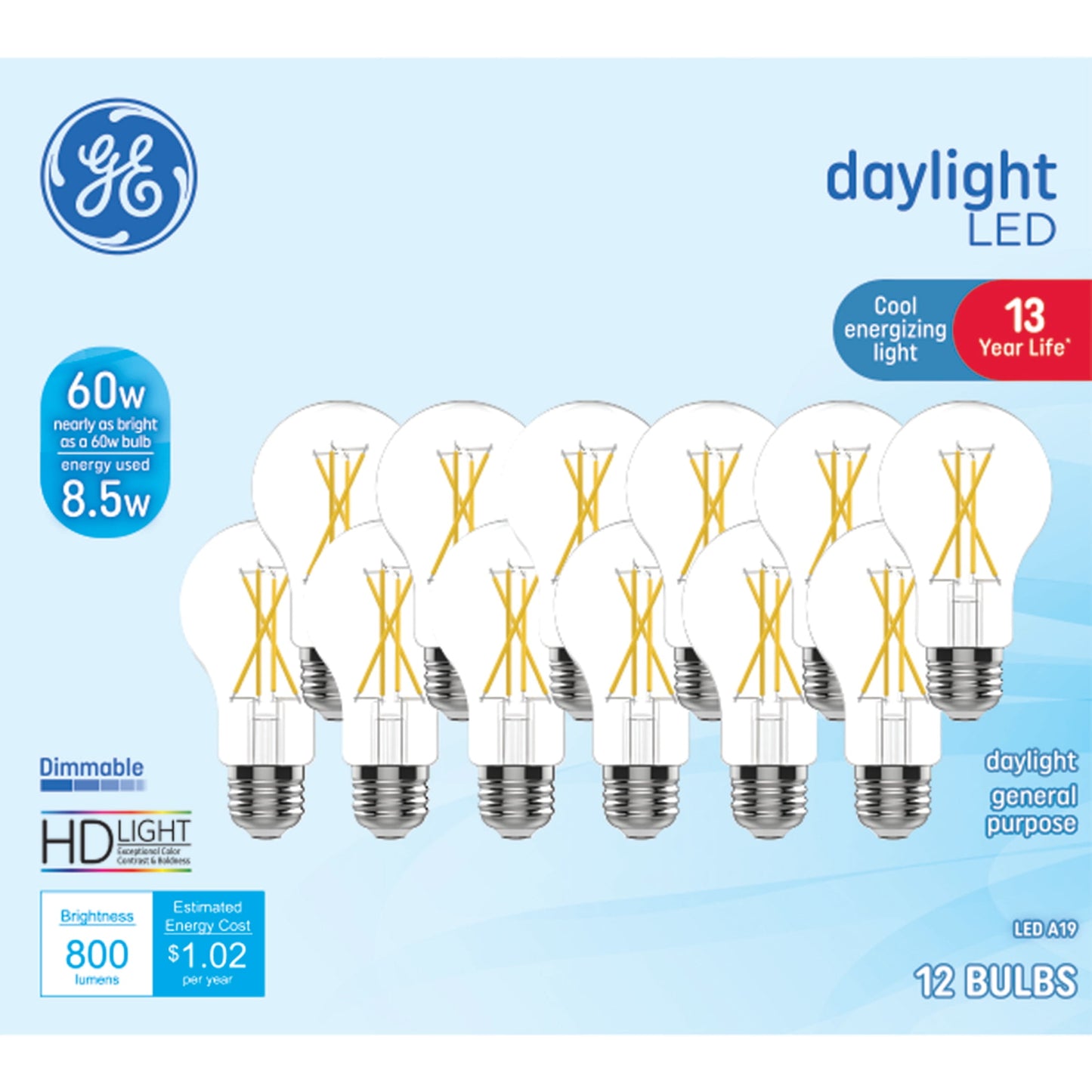 GE LED Light Bulbs, 60 Watt Replacement, Daylight, A19 General Purpose Bulbs, 12pk