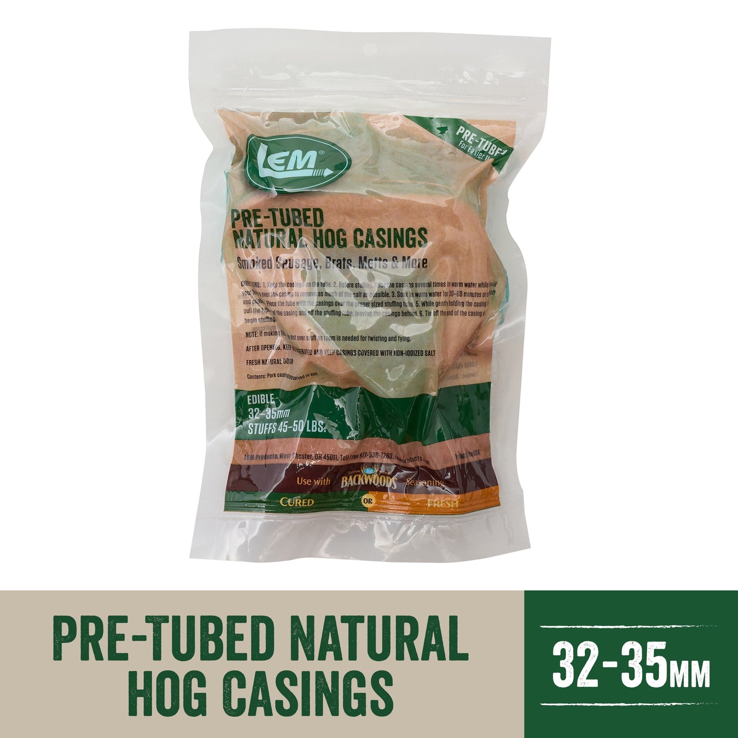 LEM Products Pre-Tubed Natural Hog Sausage Casings 32-35mm, Stuffs 50 Pounds