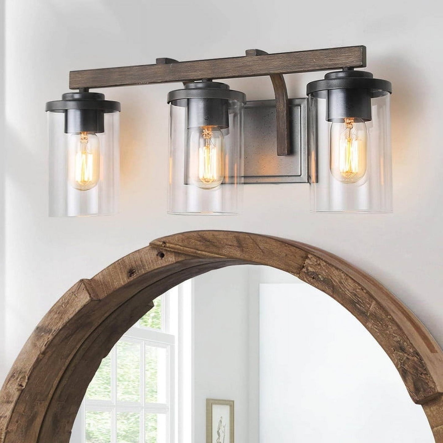LNC Farmhouse 3-Light Vanity Light with Wood and Glass, 20-Inch Rustic Bathroom Fixture
