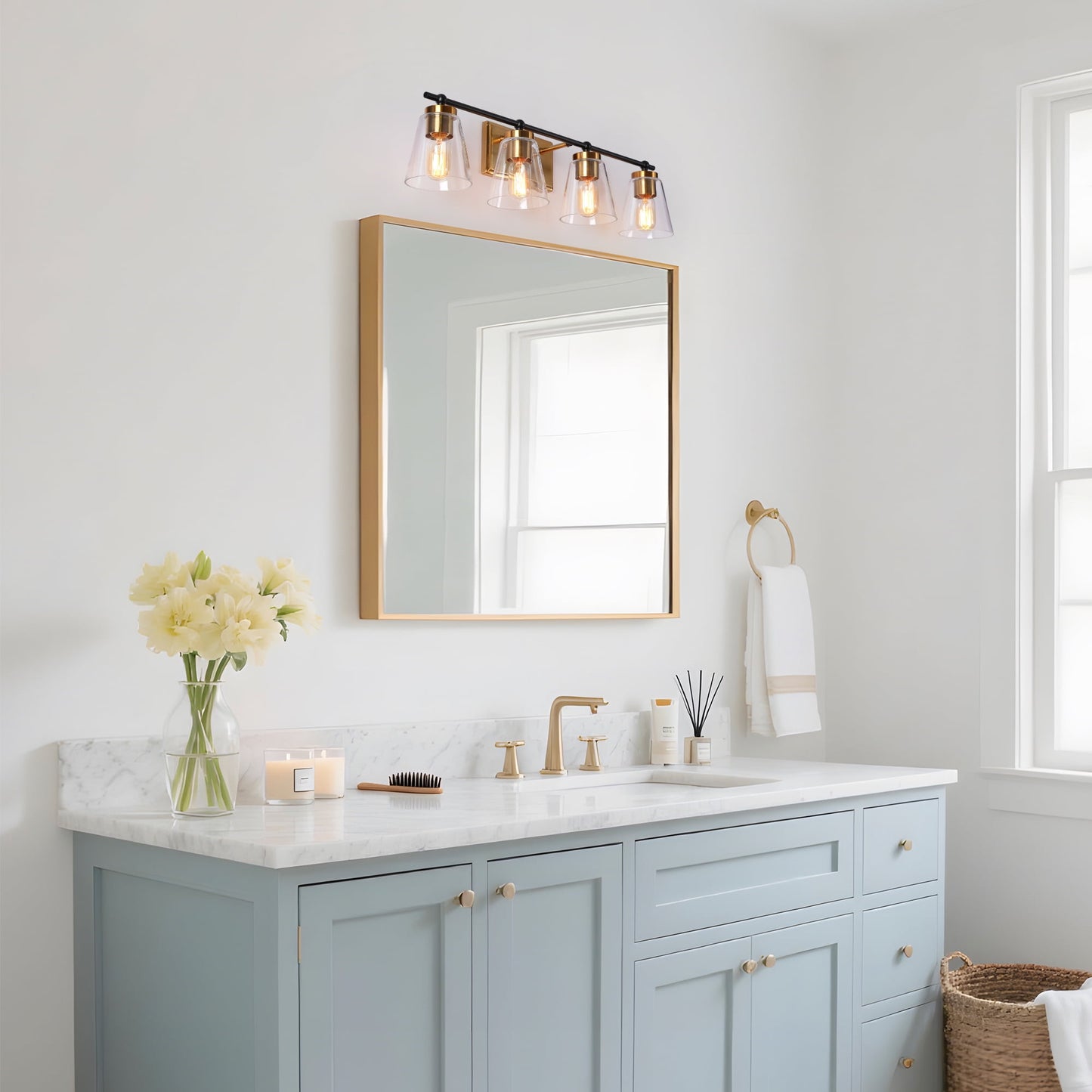 LNC Alumbrar 29-in Polished Gold and Matte Black Bathroom Vanity Light with Clear Glass Cone Shades, Modern, 4-Light