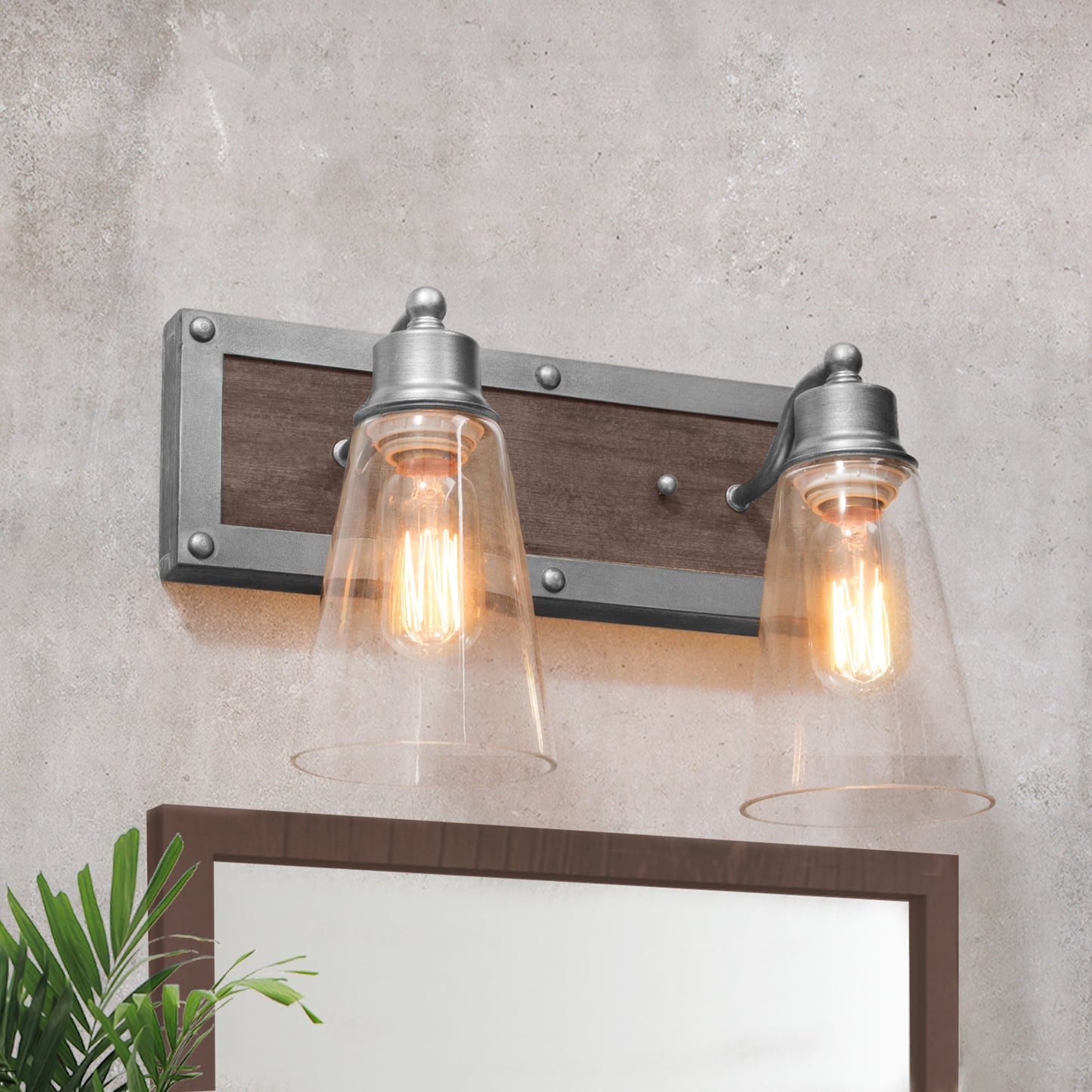 LNC Sabrina 14-in Antique Silver and Distressed Wood Bathroom Vanity Light, Farmhouse, 2-Light