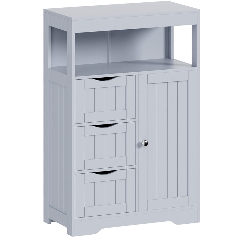 Lacoo Bathroom Floor Cabinet Wooden Storage Organizer with 1 Door, 3 Drawers & Adjustable Shelf Storage Cabinet for Kitchen Living Room Bathroom, Gray