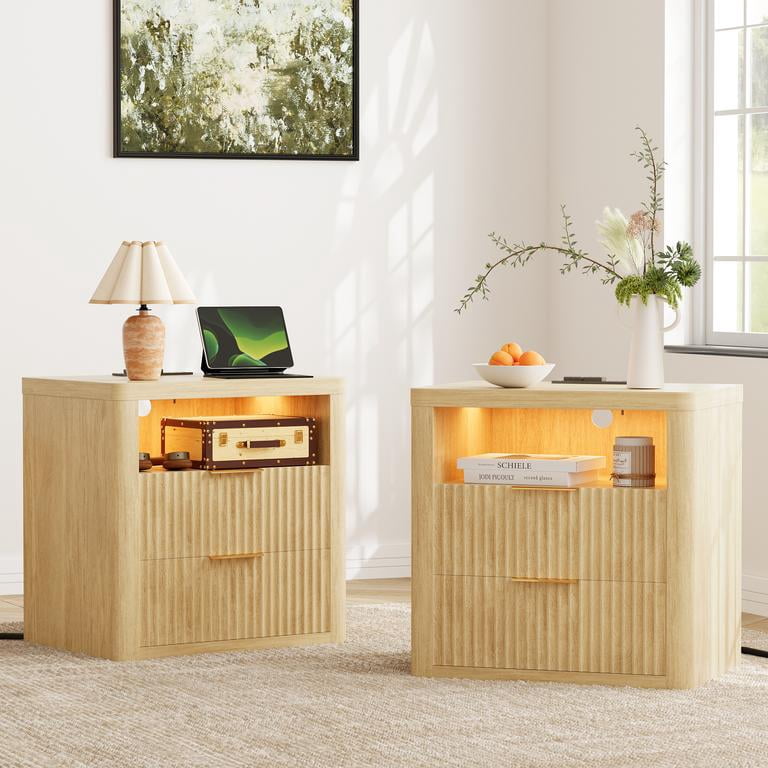 Lacoo End Table Set of 2 with Lights & Power Outlet, Fluted Nightstand with 2 Drawers for Bedroom, Sofa Side End Table for Living Room, Natural