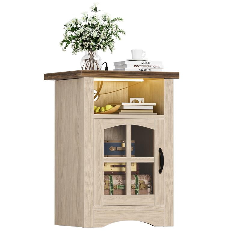 Lacoo End Table with LED Lights & Power Outlet, Side Table with Glass Door for Living Room, Nightstand with Storage for Bedroom, Natural