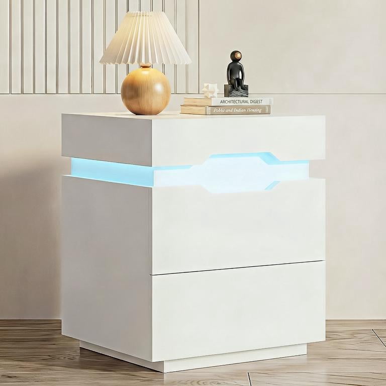 Lacoo Modern End Table with LED Lights & Charging Station, White Nightstand with 2 Drawers & Upper Storage for Living Room Bedroom, 2 Drawer