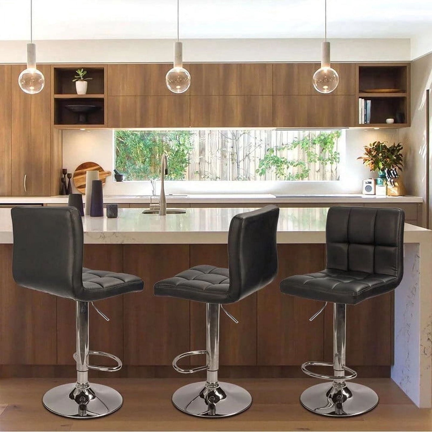Lacoo Set of 2 Bar Stools Adjustable Swivel Armless Barstools with PU Leather, Black