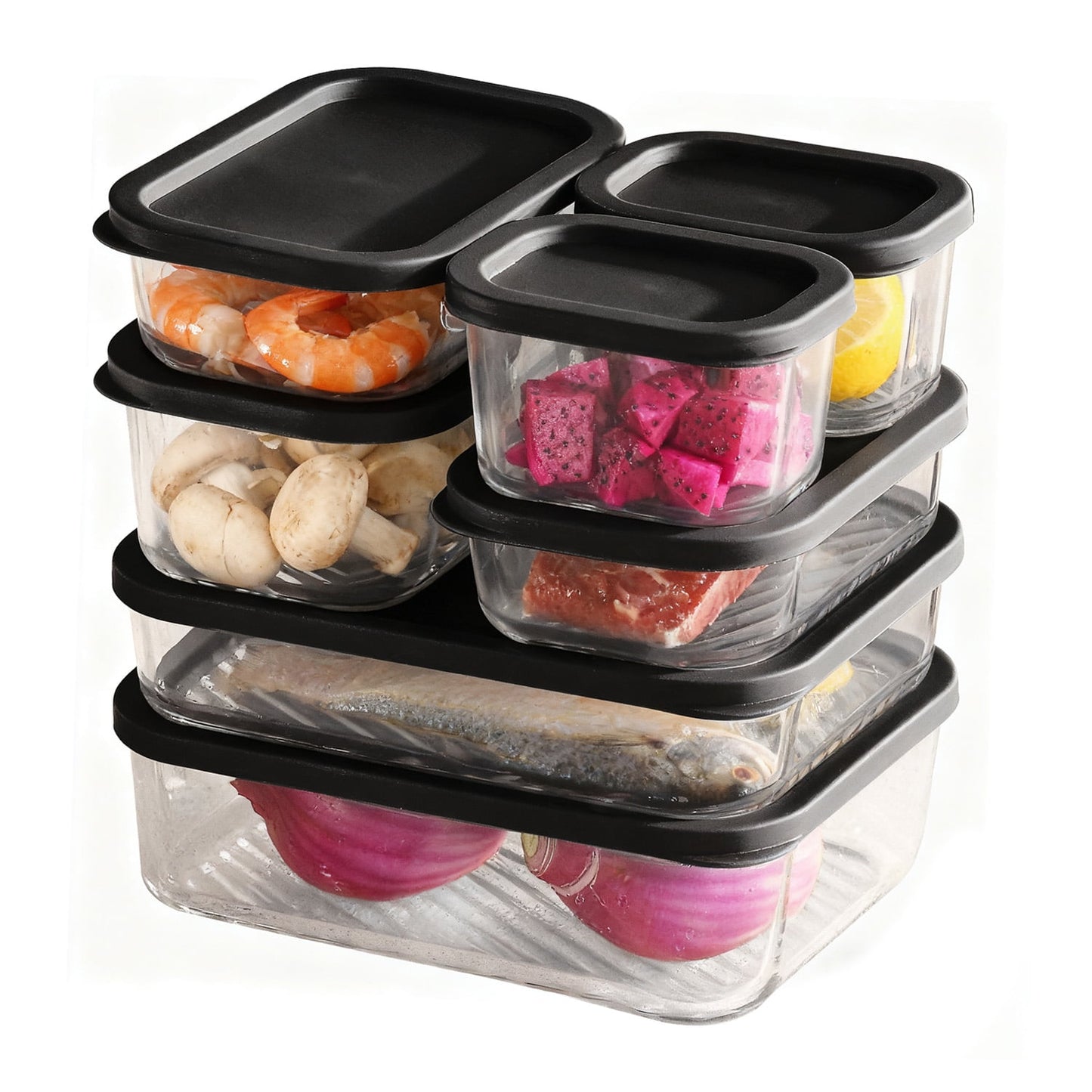 Lamma Loe Glass Storage Containers with Lids, 28 Piece Meal Prep Containers, Oven to Freezer Safe, Stackable, Glass Food Storage Containers, Black