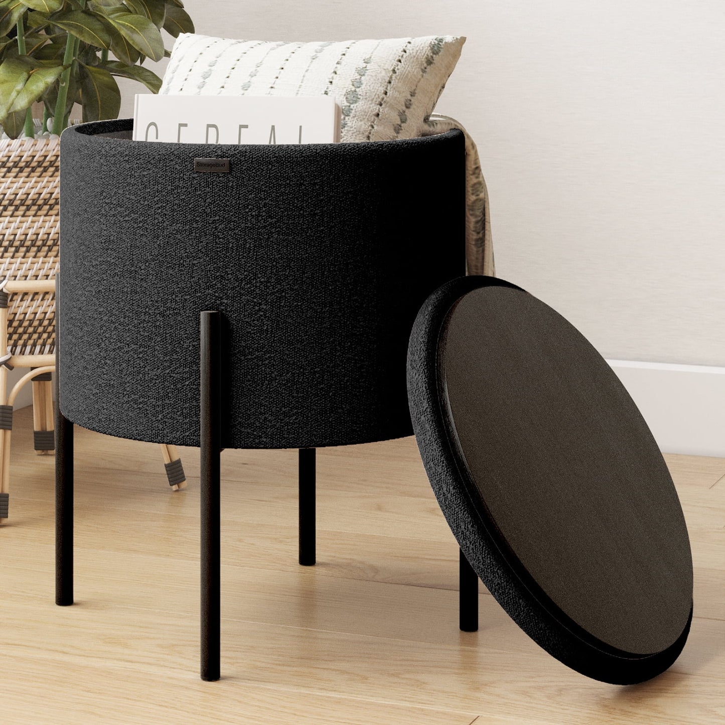 LammaLoe Otomana Redonda Pequeña con Almacenamiento, Otomana de Bouclé Taburete para Pies con Tapa, Taburete Tapizado para Tocador para Sala de Estar y Dormitorio, Negro