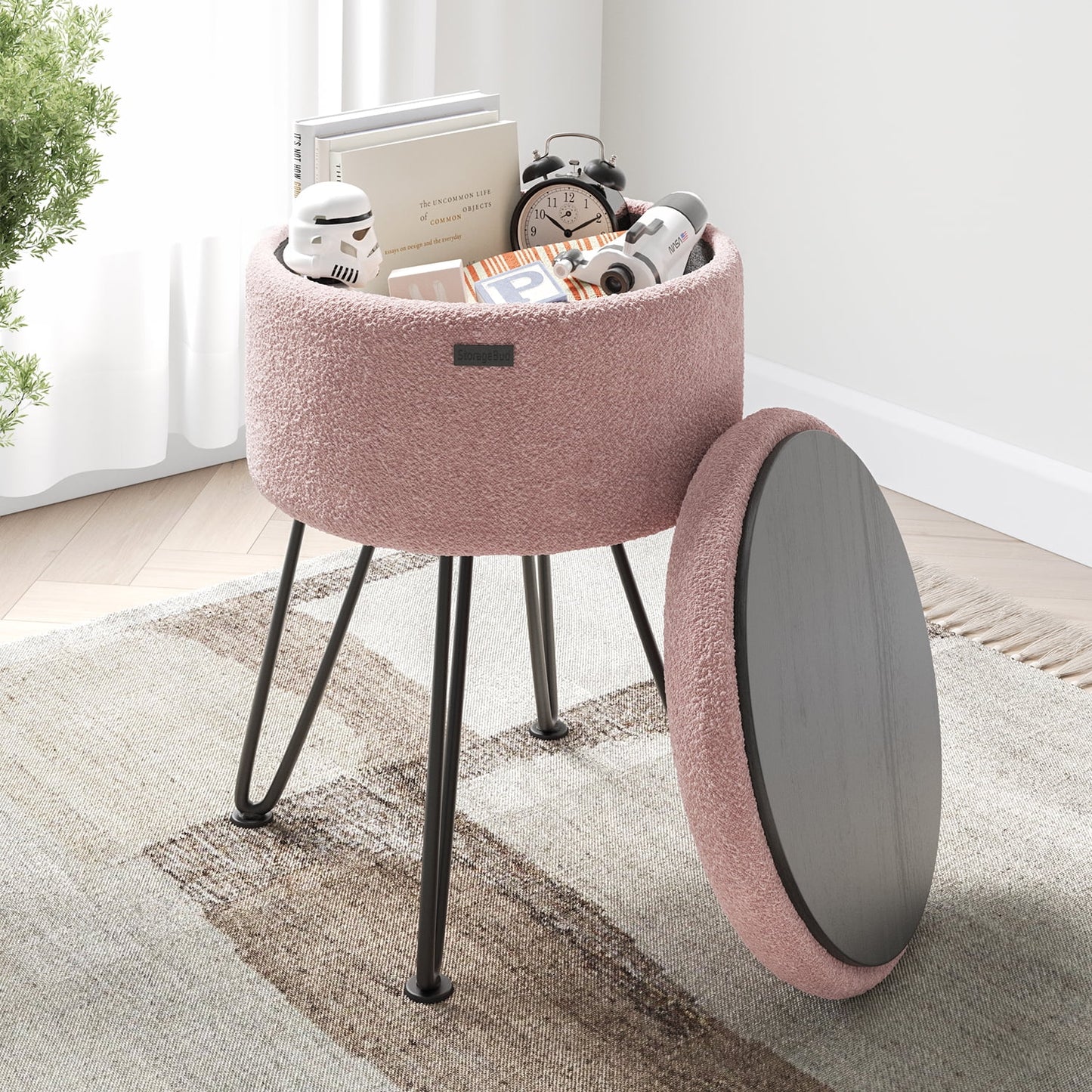 LammaLoe Small Round Ottoman with Storage, Boucle Ottoman Foot Stool with Lid, Upholstered Vanity Stool for Living Room & Bedroom, Pink